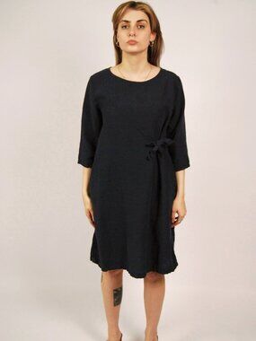 Y2K Linen Dress (M) medium navy vintage mini blouson chic office sundress smart